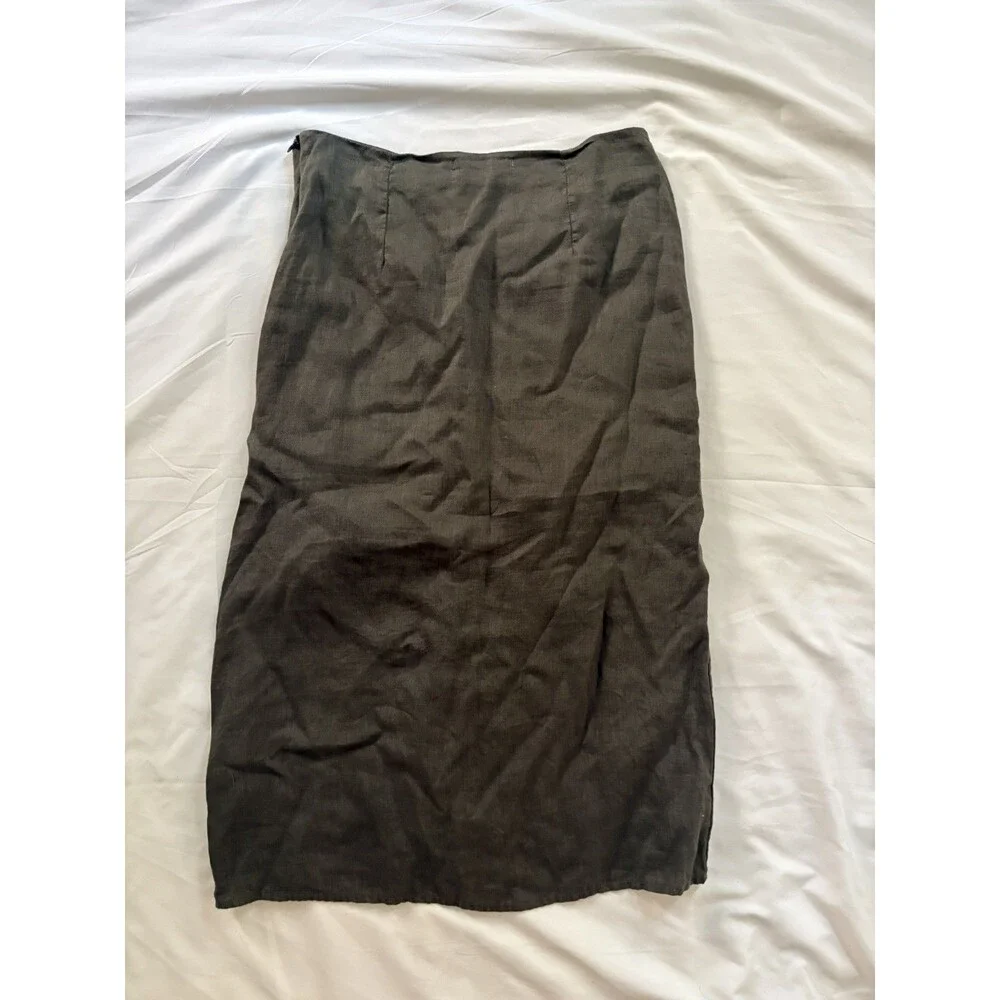 Stateside Linen Ruched Front Slit Skirt in Army Green Knee Length Size US XS